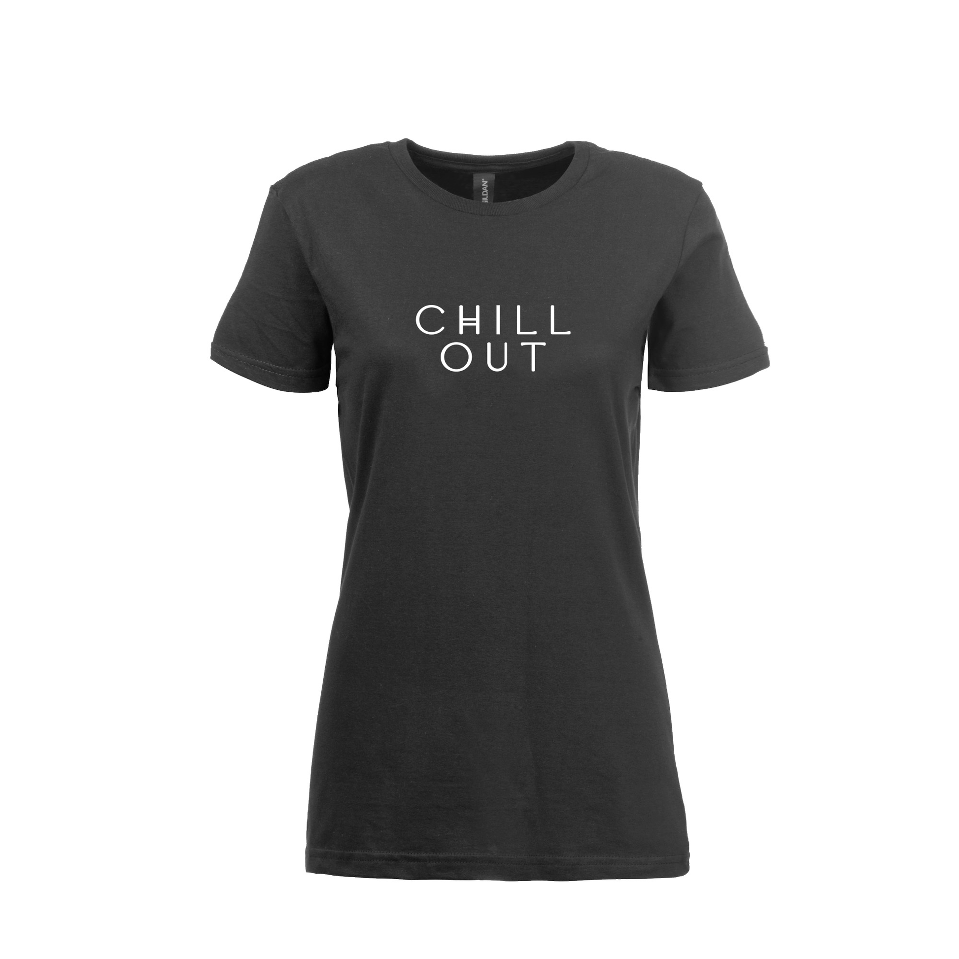 wizualizacja damskiej czarnej koszulki z białym napisem "chill out"