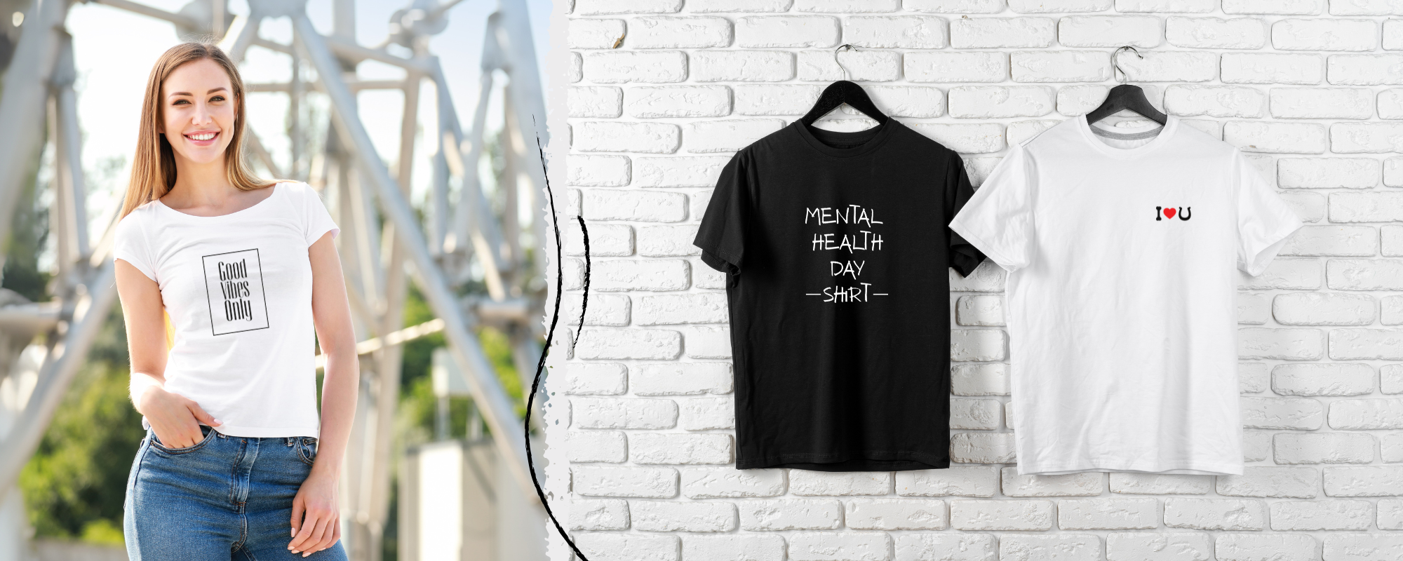 baner przedstawia uśmiechniętą dziewczyną stojącą na tle metalowego mostu, w białej koszulce z czarnym napisem "goog vibes only". Obok przedstawione są dwie koszulki wiszące na białej ceglanej ścianie. Czarna koszulka ma nadruk "mental health day shirt" a biała posiada mały znaczek "I love horses", gdzie słowo love przedstawione jest jako czerwone serce, a słowo horses jako podkowa.