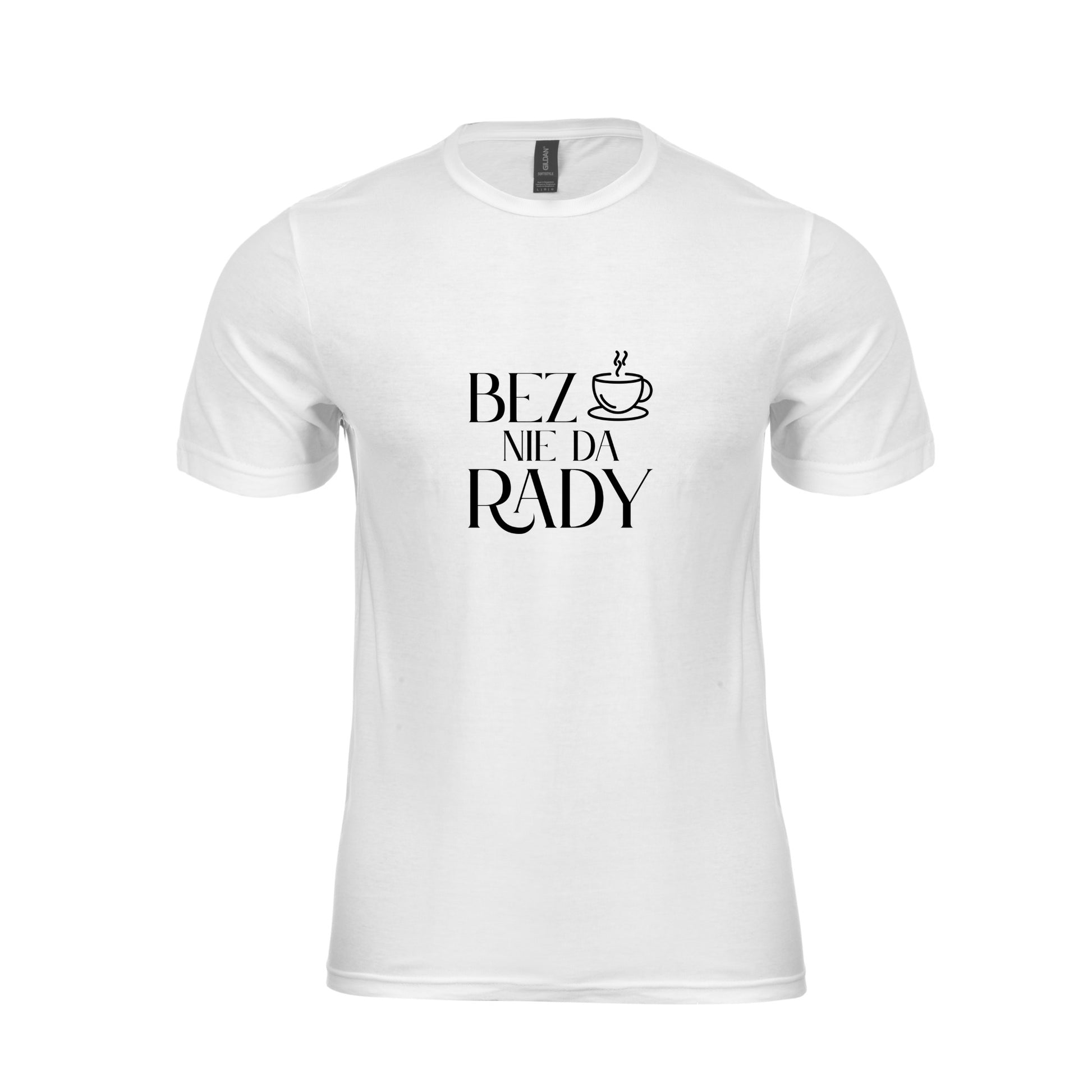 Wizualizacja białej męskiej koszulki z czarnym napisem "Bez kawy nie da rady"