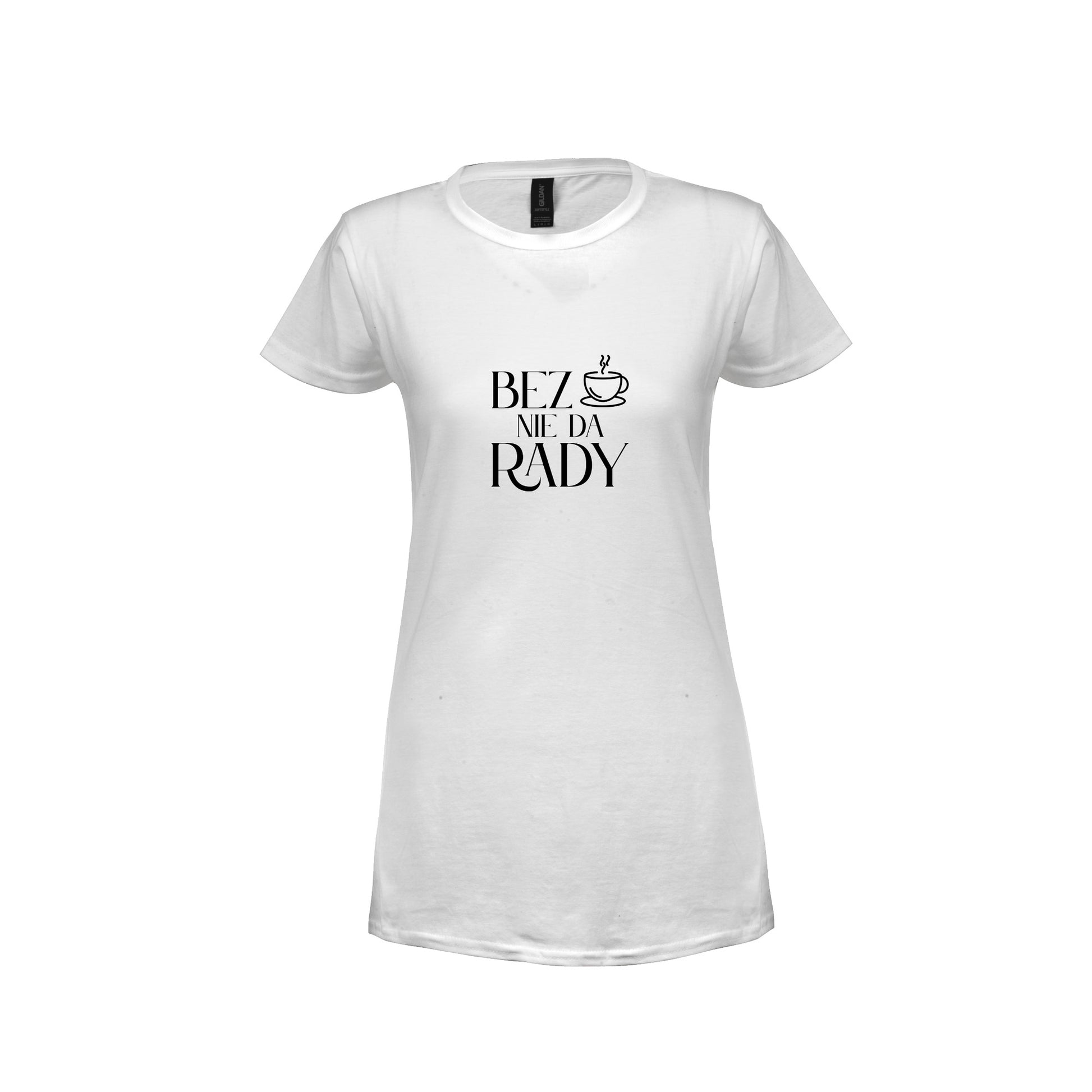 Wizualizacja białej damskiej koszulki z czarnym napisem "Bez kawy nie da rady"