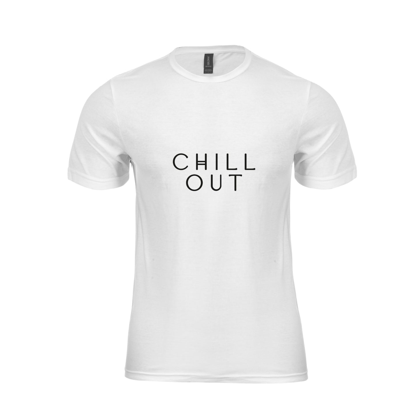 Wizualizacja męskiej białej koszulki z czarnym napisem "chill out"