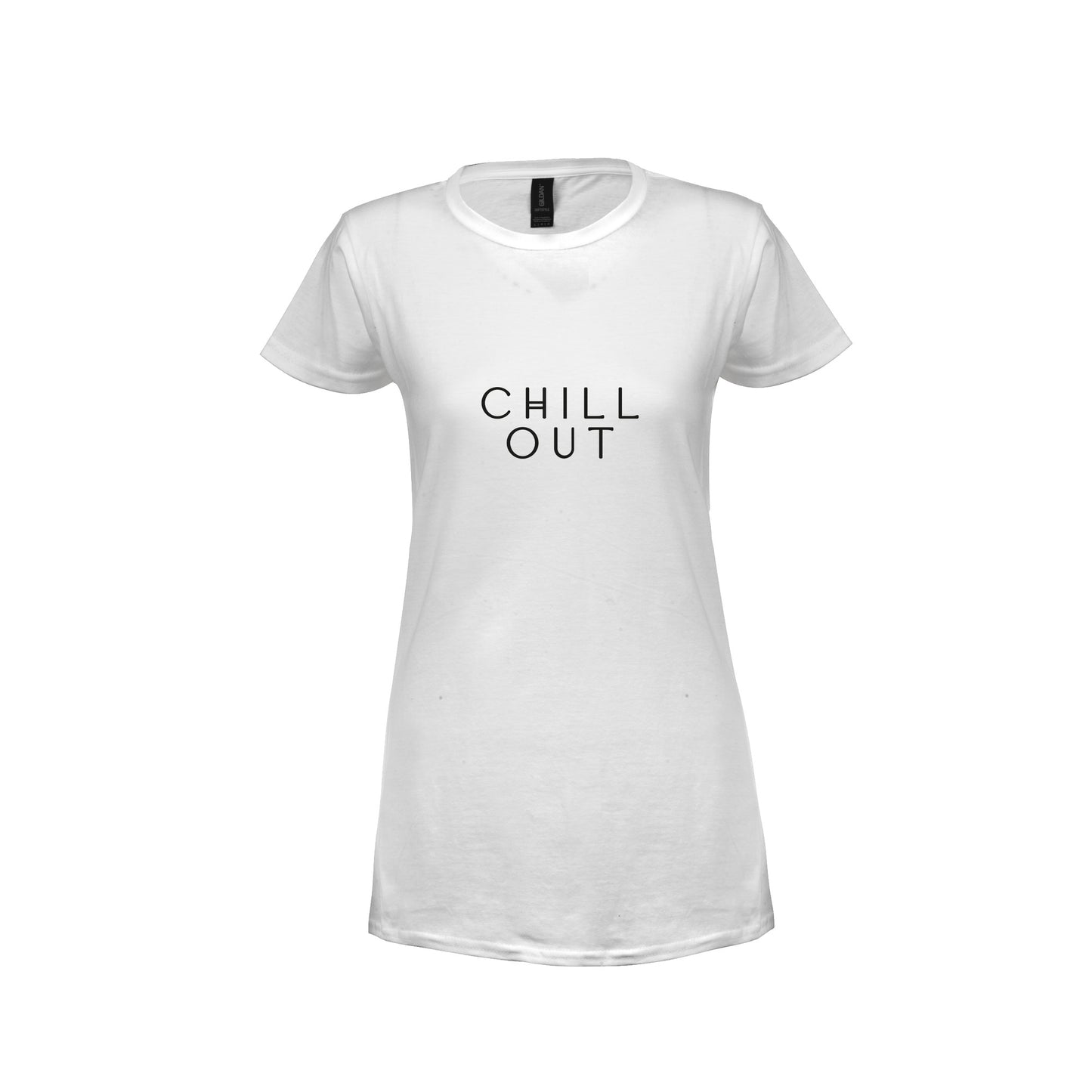 Wizualizacja damskiej białej koszulki z czarnym napisem "chill out"