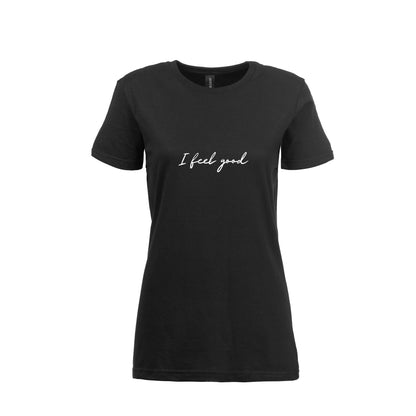 wizualizacja damskiego czarnego t-shirta z białym  napisem "I feel good"