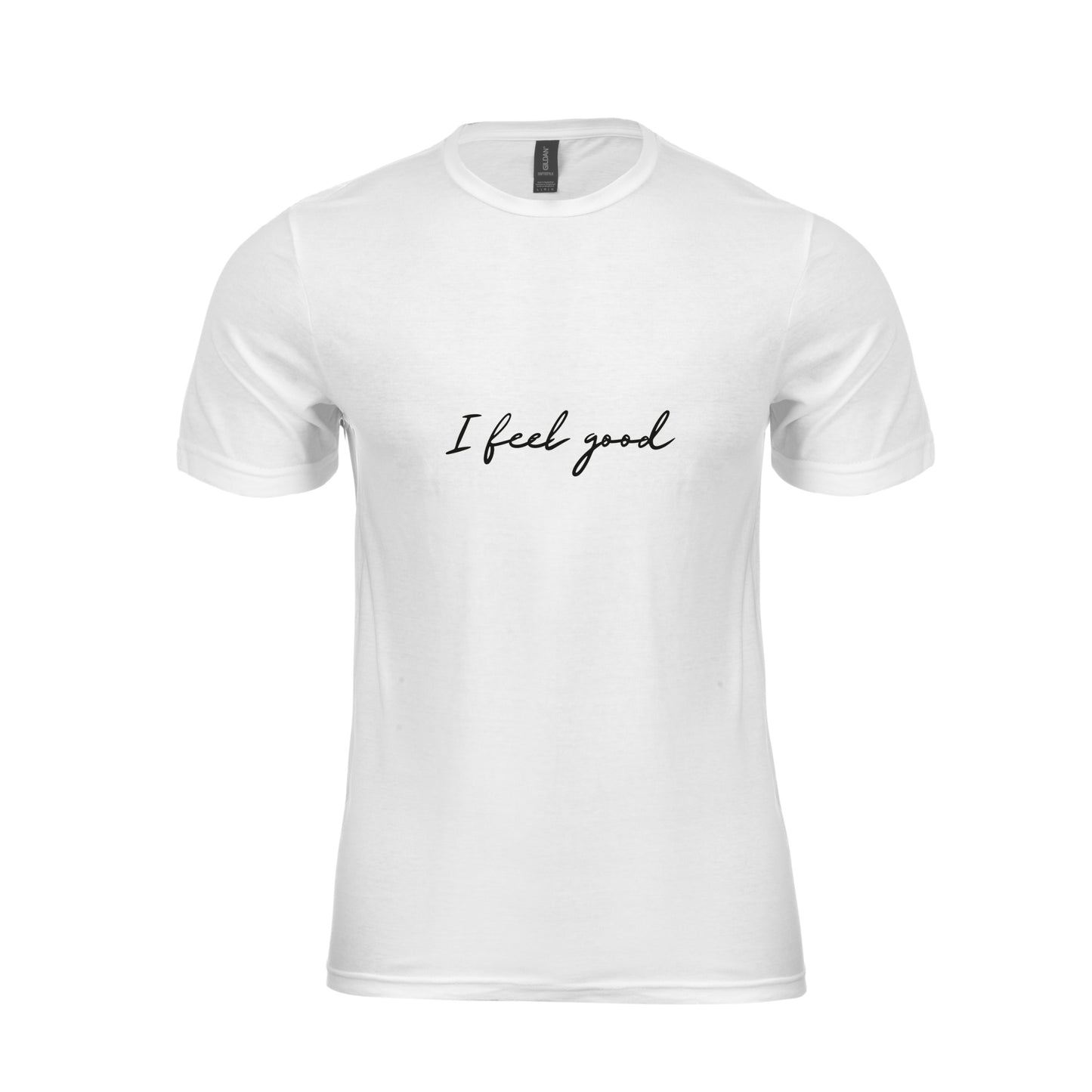 wizualizacja męskiego białego t-shirta z czarnym napisem "I feel good"