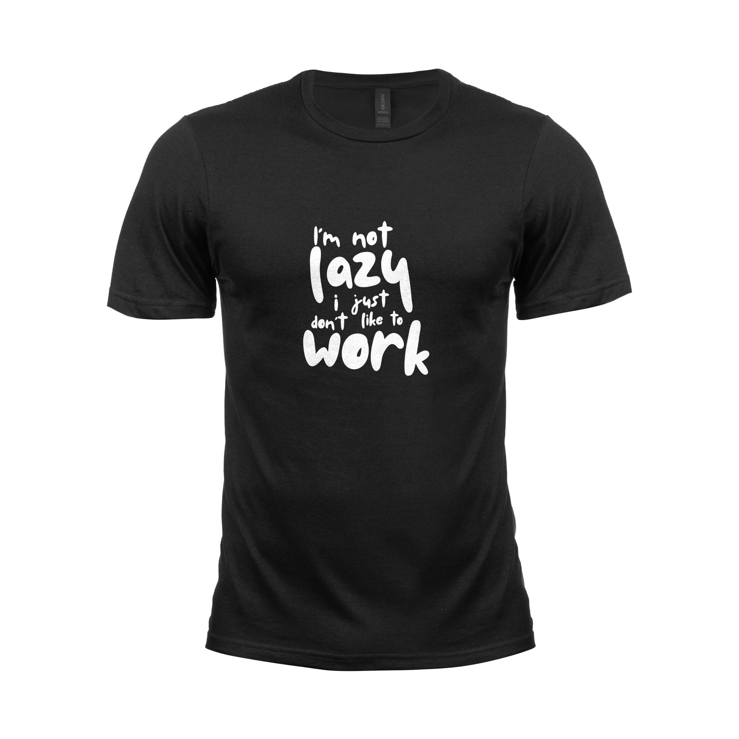 Wizulizacja męskiego czarnego t-shirta z białym napisem "I'm not lazy I just don't like to work"