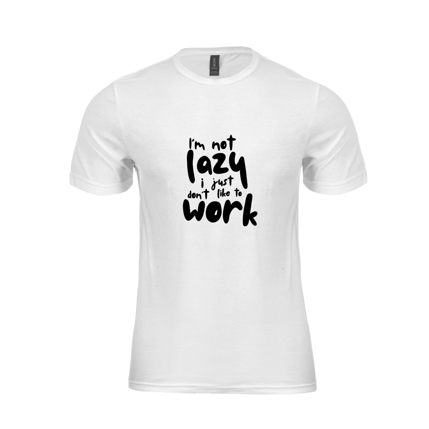 Wizualizacja męskiej białej koszulki z czarnym napisem "I'm not lazy I just don't like to work"