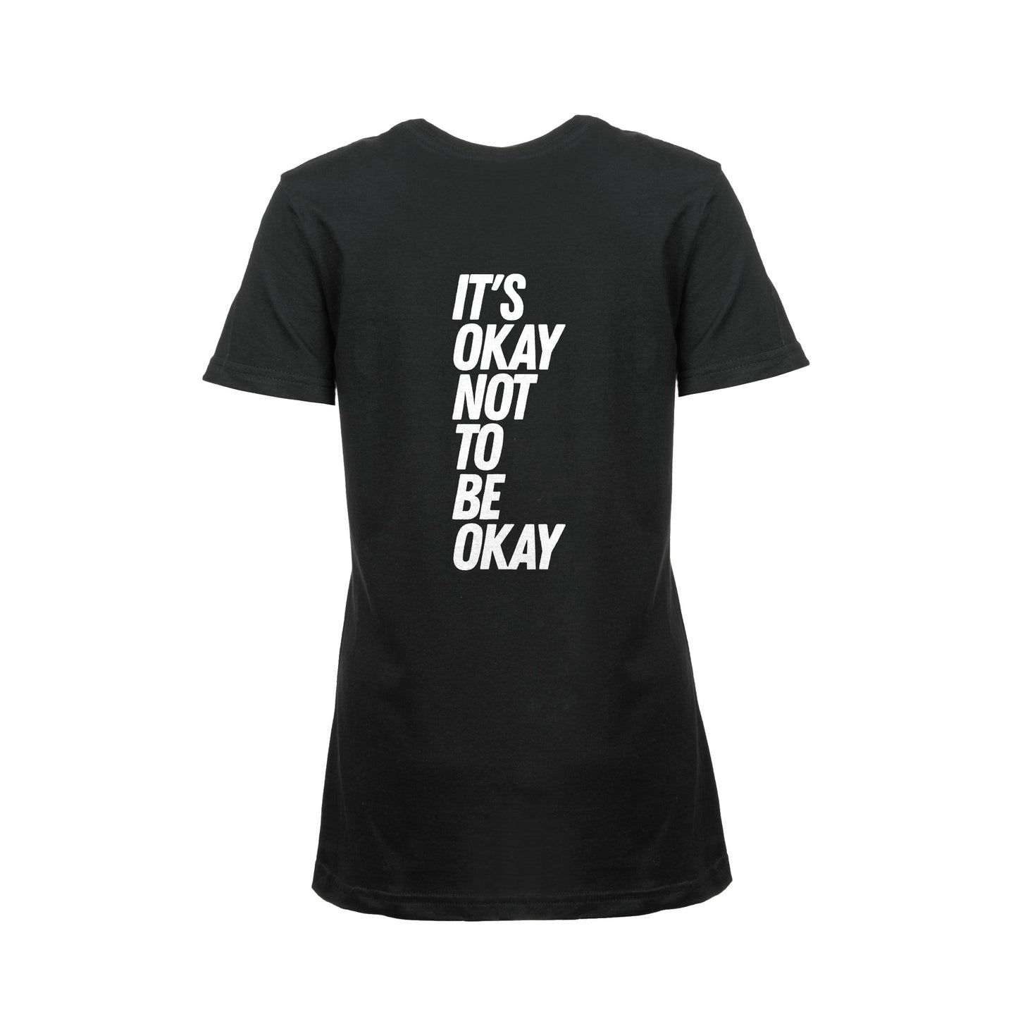 Wizualizacja damskiej czarnej koszulki z białeym napisem na tyle "It's ok not to be ok". 