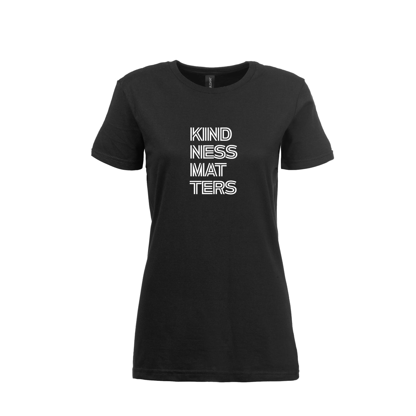 Wizualizacja damskiej czarnej koszulki z białym napisem "Kindness matters"