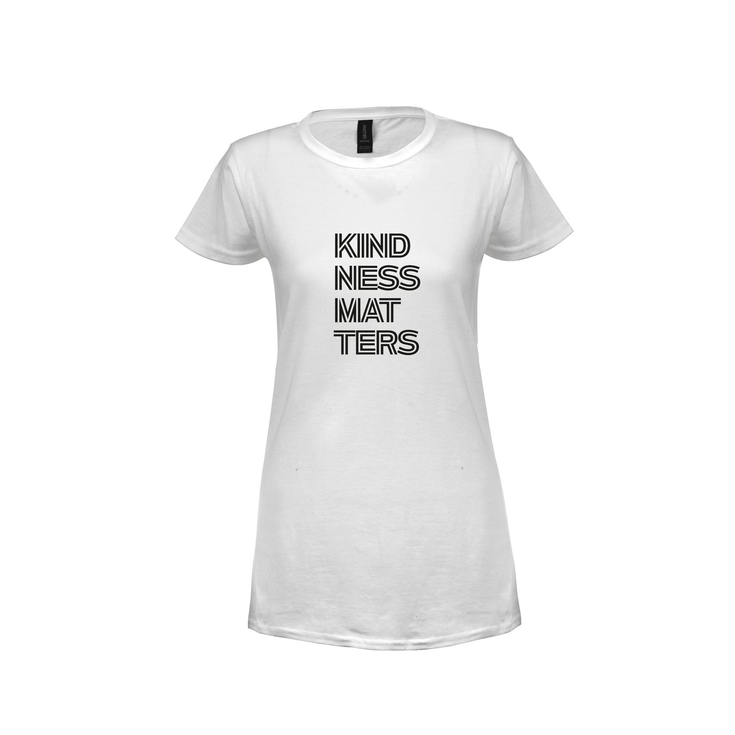 Wizualizacja damskiej białej koszulki z czarnym napisem "Kindness matters"