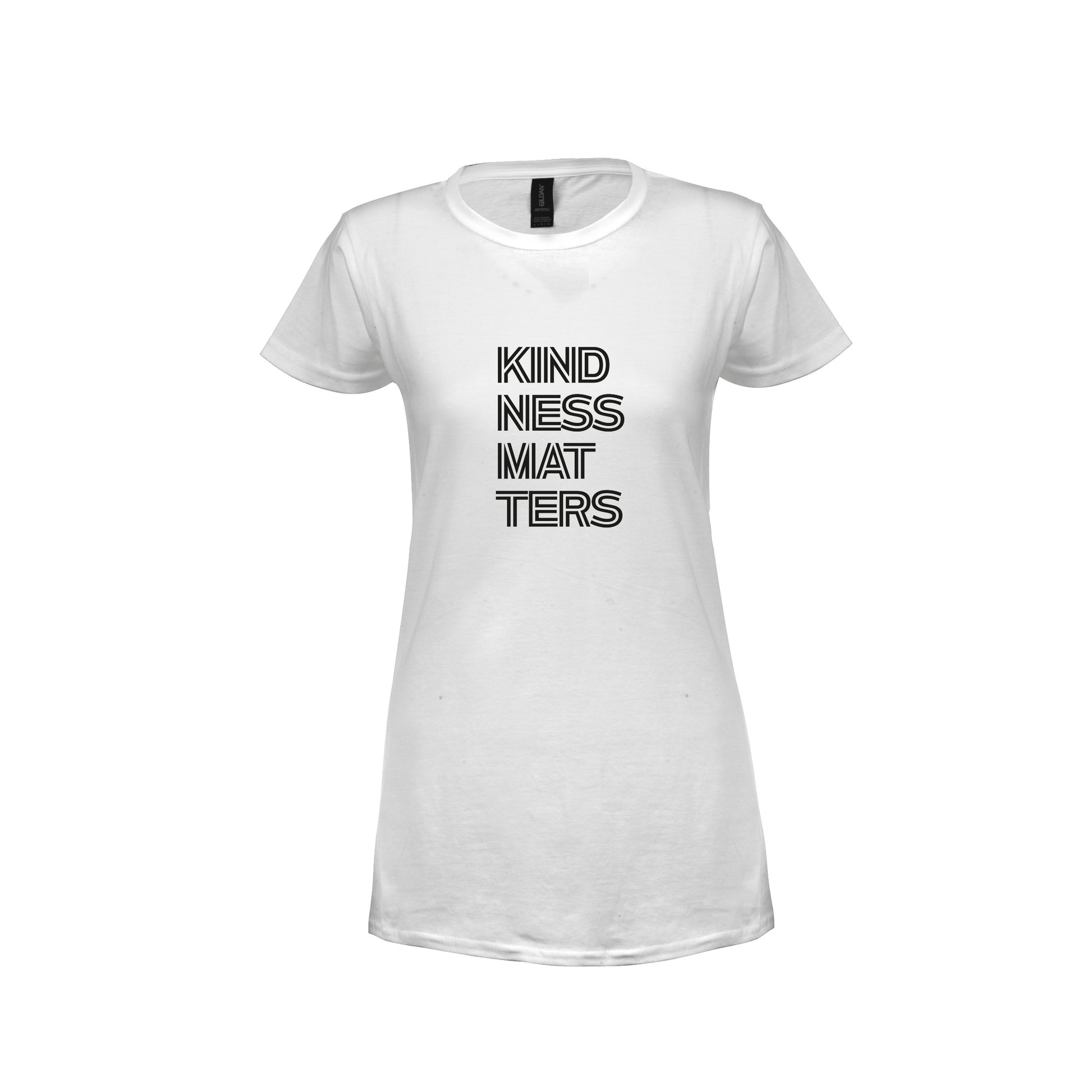 Wizualizacja damskiej białej koszulki z czarnym napisem "Kindness matters"