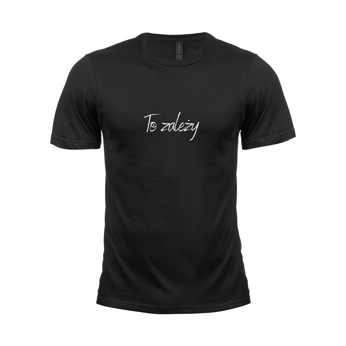 Wizualizacja czarnego męskiego t-shirta z białym napisem "To zależy"