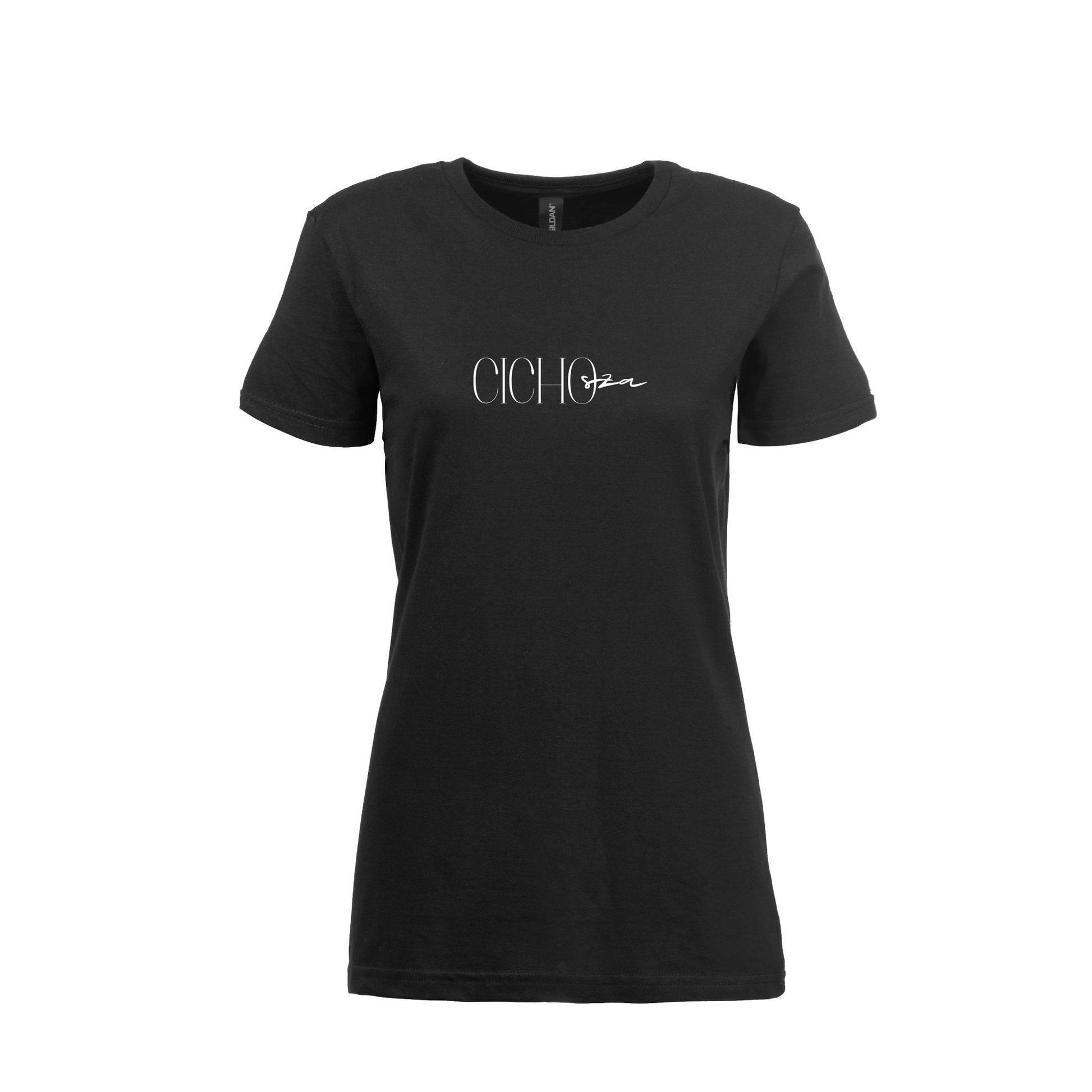 wizualizacja damskiego czarnego t-shirta z białym napisem "Cicho sza"