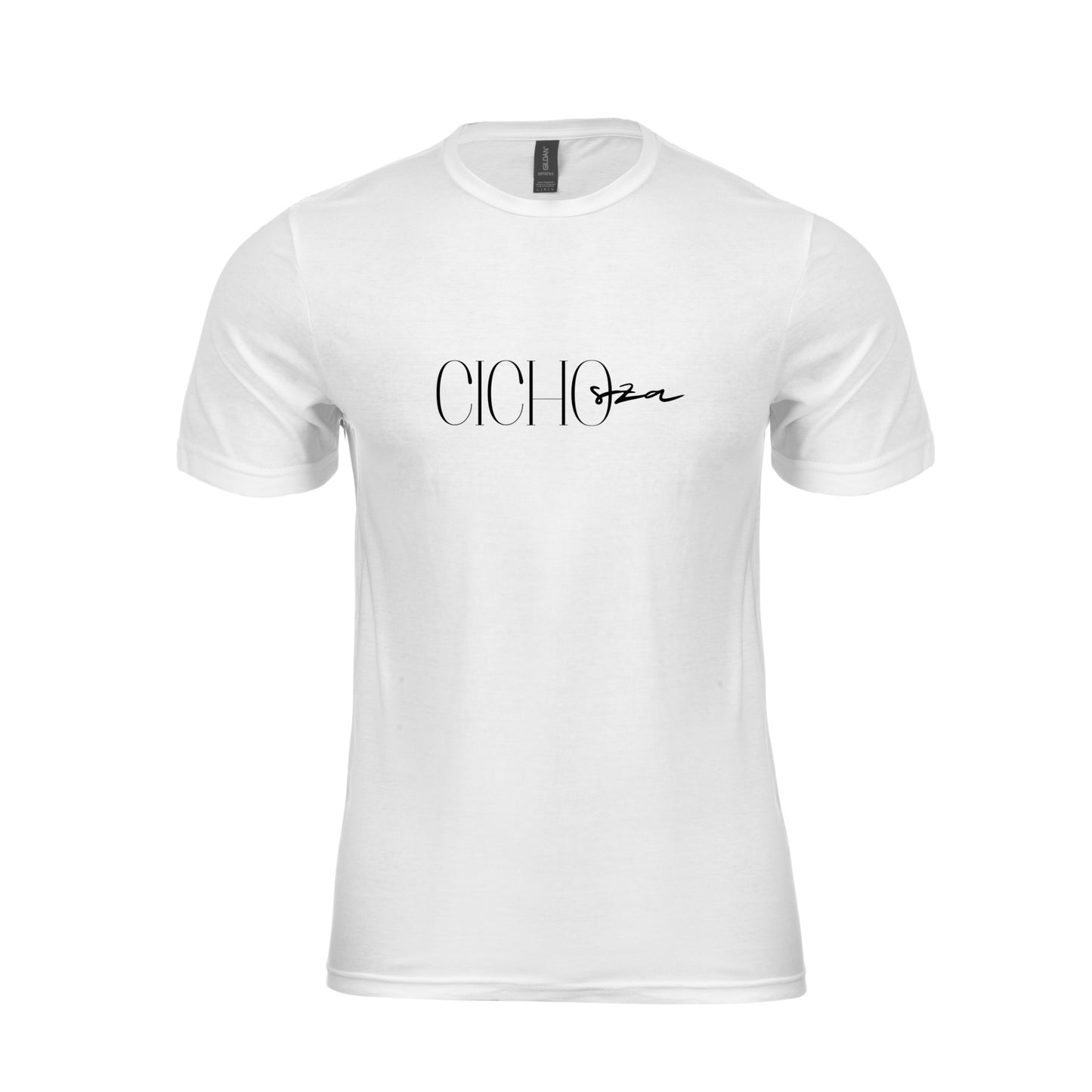 wizualizacja męskiego białego t-shirta z czarnym napisem "Cicho sza"