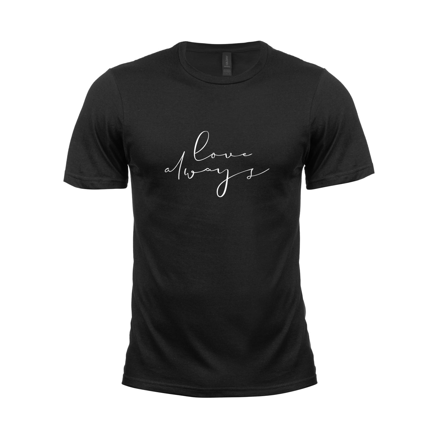 Wizualizacja męskiej czarnej koszulki z białym napisem "Love always"