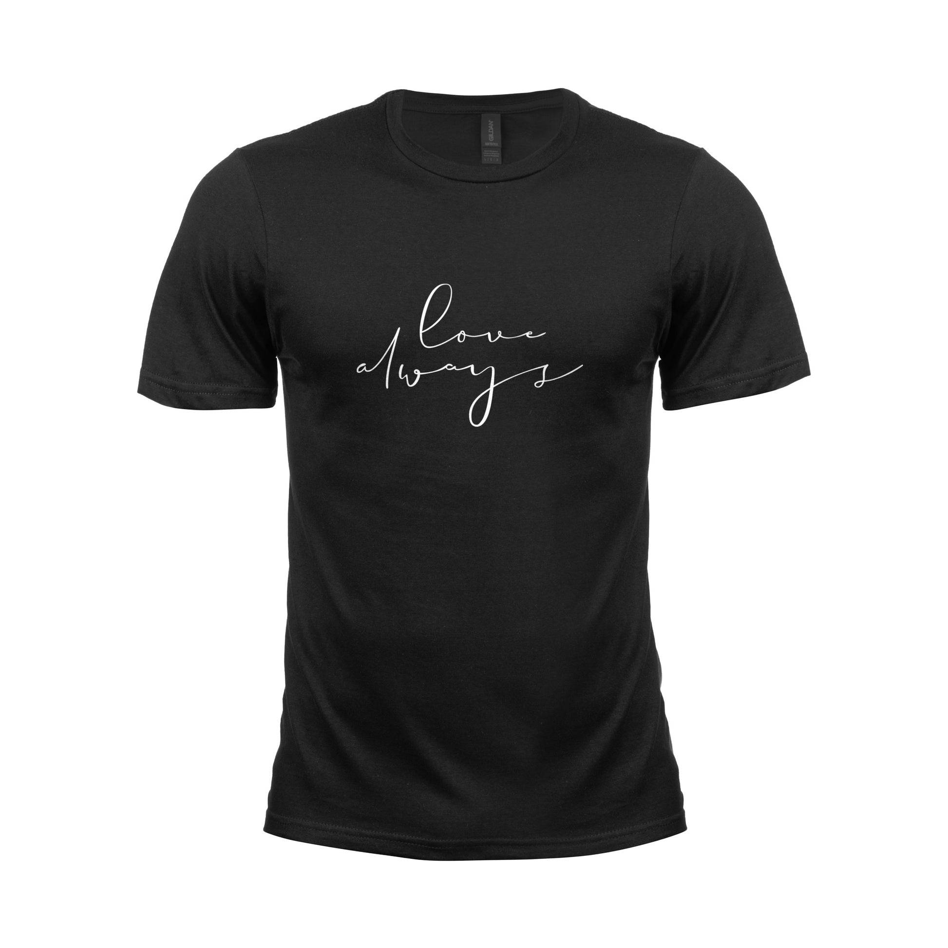 Wizualizacja męskiej czarnej koszulki z białym napisem "Love always"
