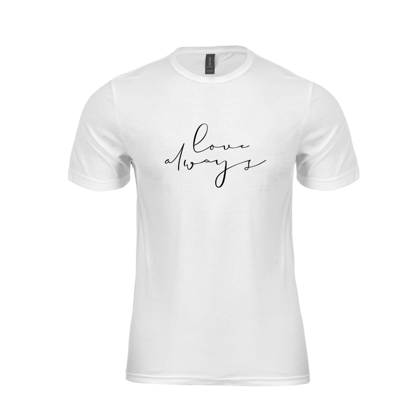 Wizualizacja męskiej białej koszulki z czarnym napisem "Love always"