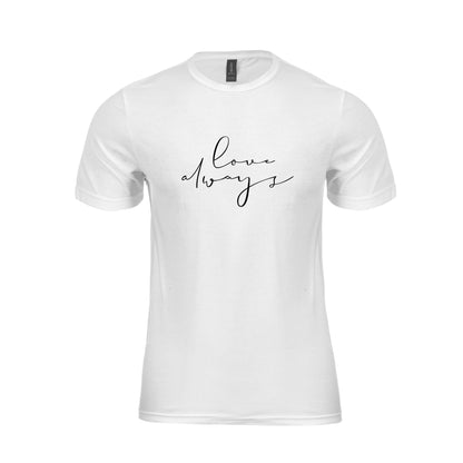 Wizualizacja męskiej białej koszulki z czarnym napisem "Love always"
