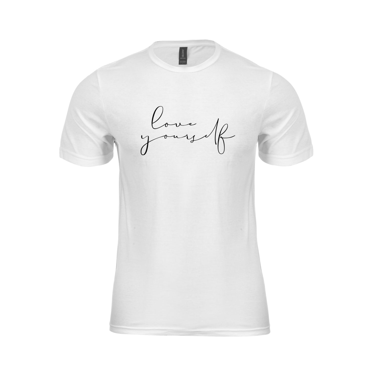 Wizualizacja męskiego białego  t-shirta z czarnym nadrukiem "Love yourself"