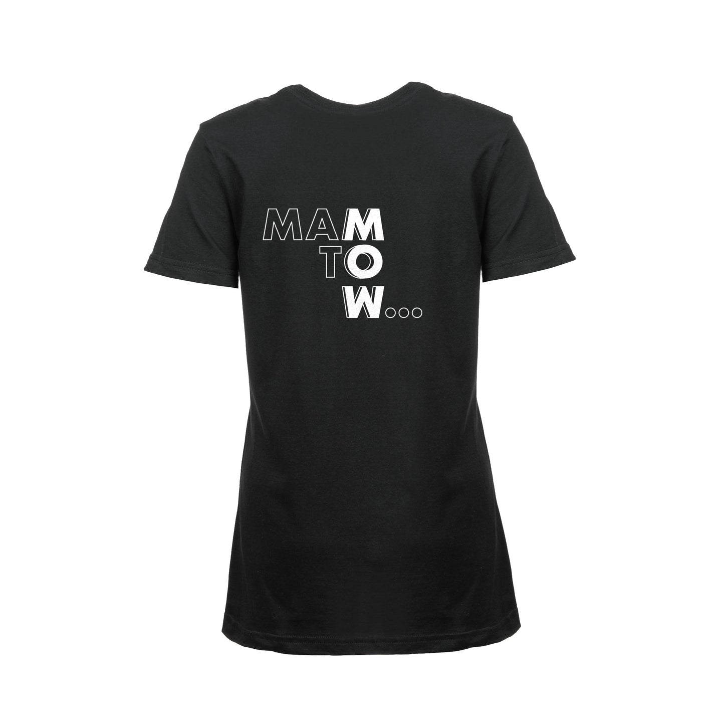 Wizualizacja damskiego czarnego t-shirta z białym napisem "Mam to w..."