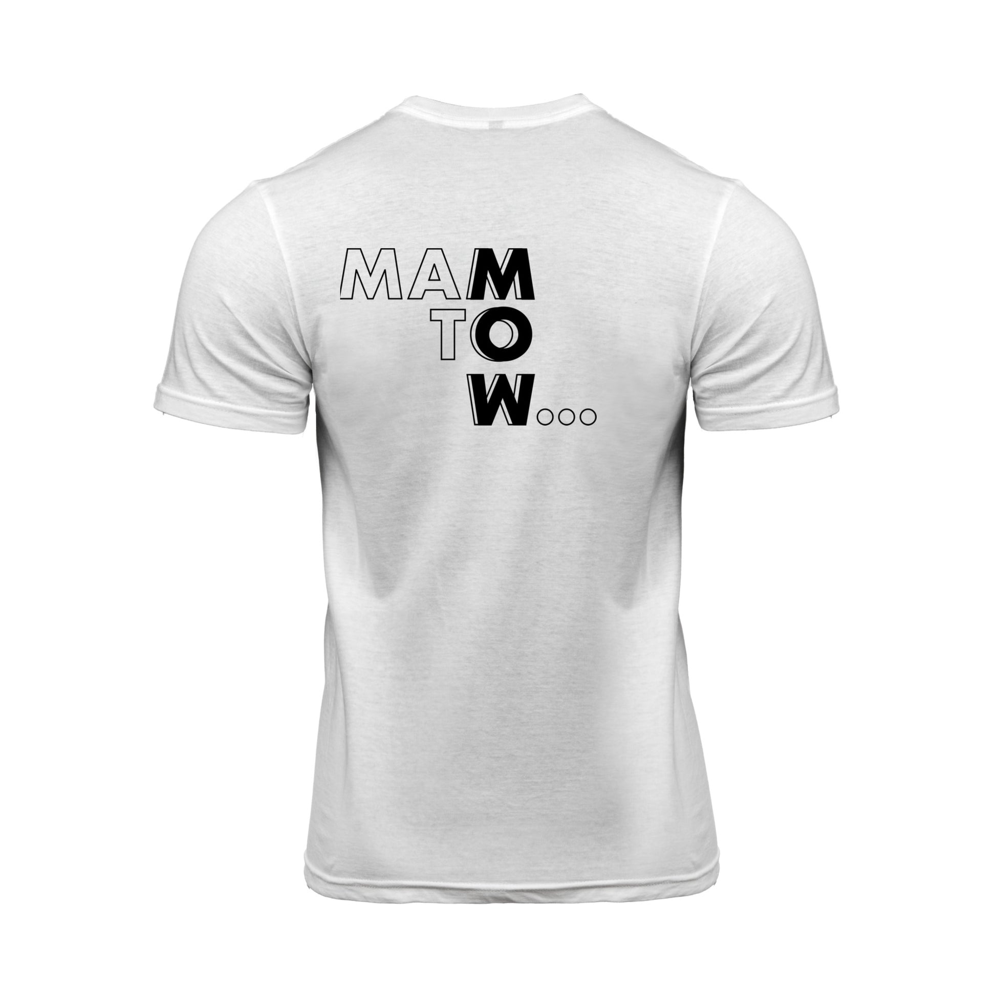 Wizualizacja męskiego białego t-shirta z czarnym napisem "Mam to w..."