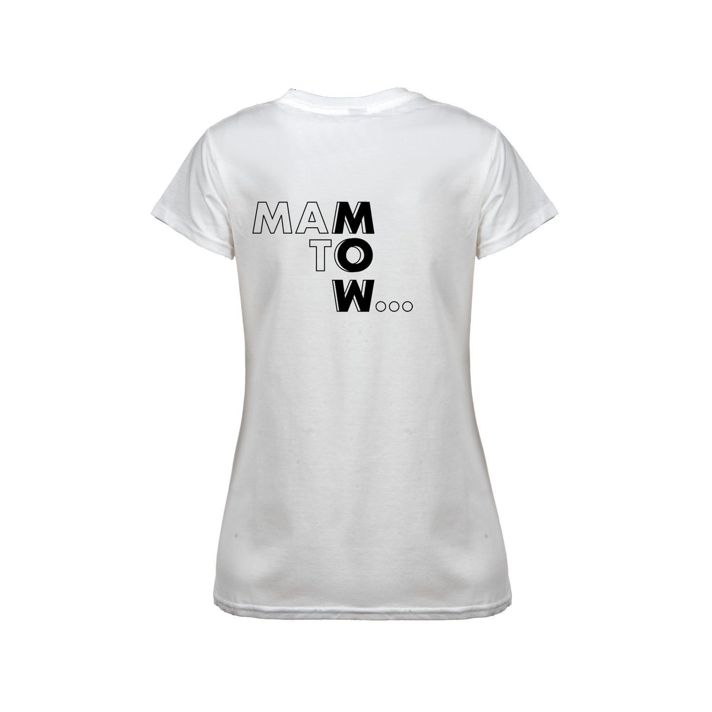 Wizualizacja damskiego białego t-shirta z czarnym napisem "Mam to w..."