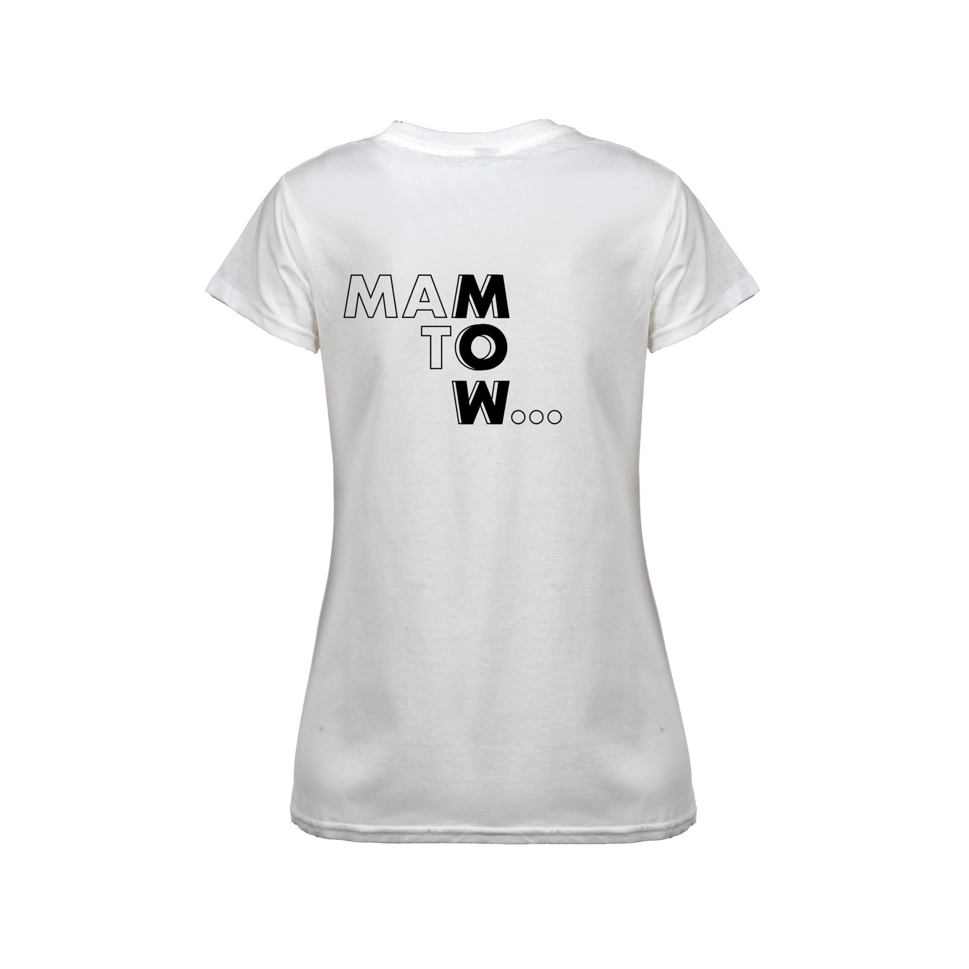 Wizualizacja damskiego białego t-shirta z czarnym napisem "Mam to w..."