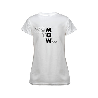 Wizualizacja damskiego białego t-shirta z czarnym napisem "Mam to w..."