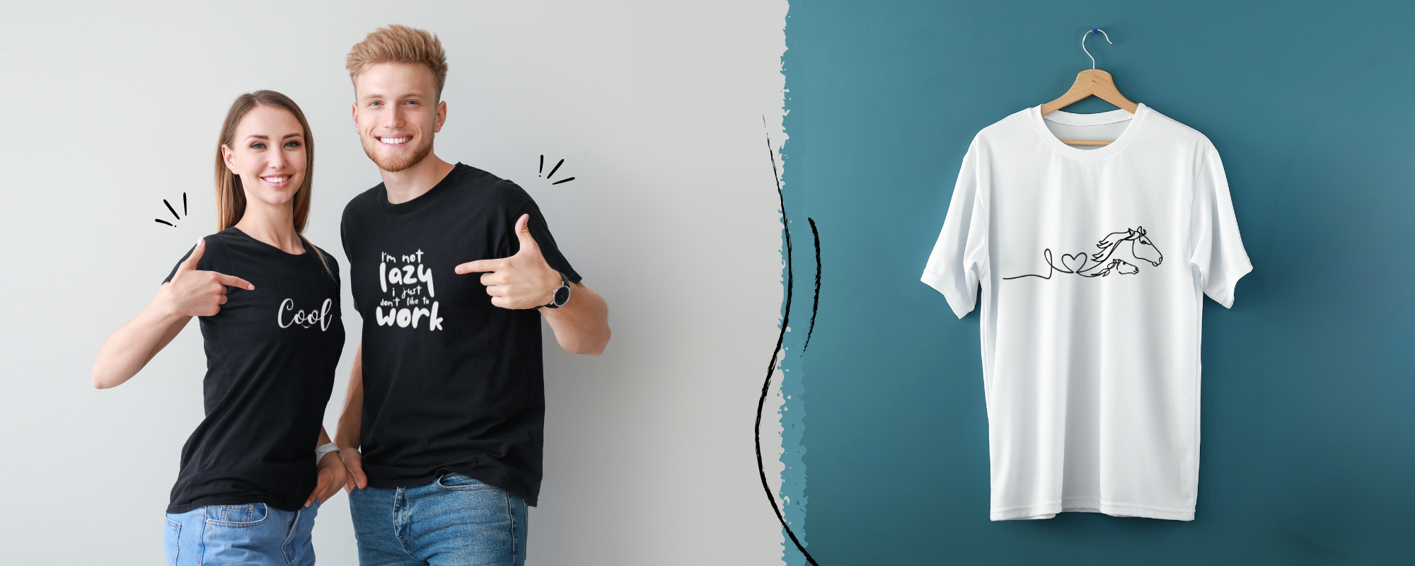 obrazek przedstawia parę ubraną w czarne koszulki z białymi nadrukami. Dziewczyna na koszulce ma napis "cool", a mężczyzna "i'm not lazy I just don't like to work". Obok pokazana jest biała koszulka z graficznym przedstawieniem napisu "I love horses, gdzie słowo "love" pokazane jet jako serce, a słowo "horses" jako dwa konie. Koszulka wisi na wieszaku na niebieskiej ścianie