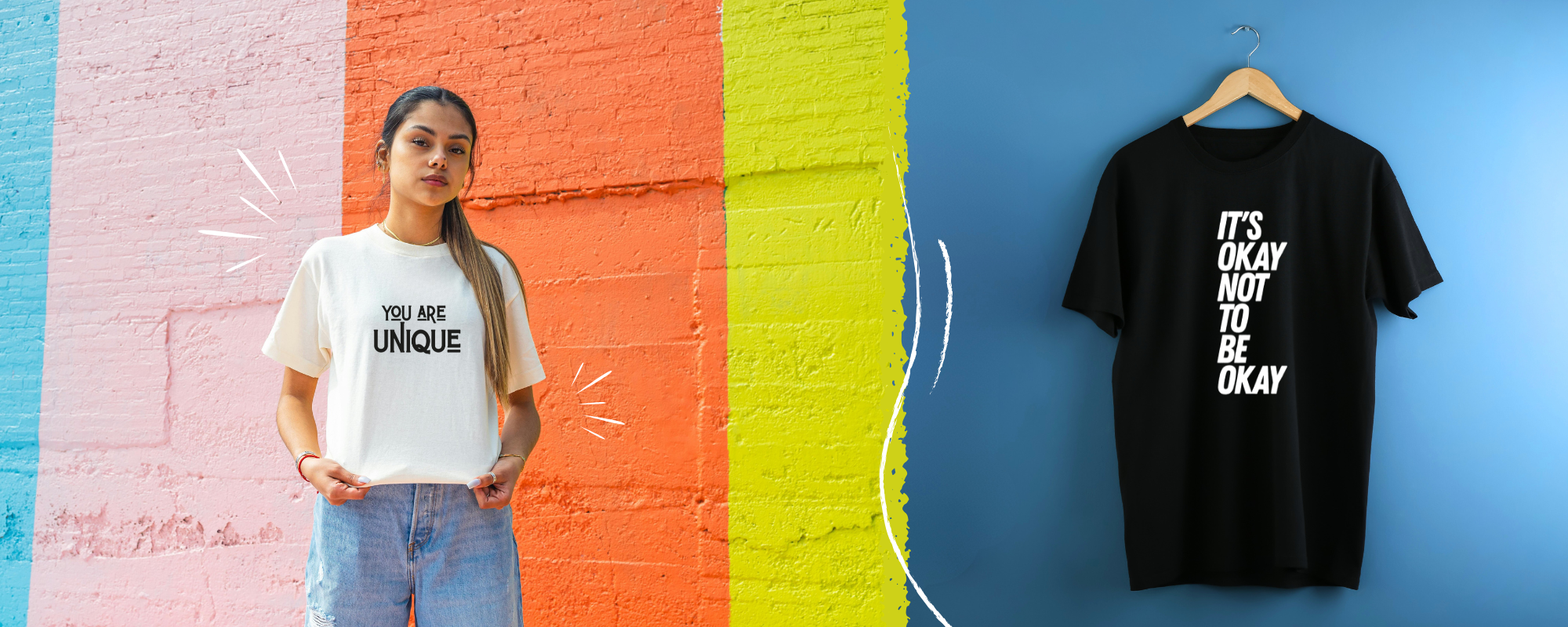 na banerze przedstawiona jest dziewczyna w białej koszulce z napisem "you are inigue" stojąca na tle kolorowego muru, obok przedstawiona jest czarna koszulka z białym napisem "it's okay not to be okay"